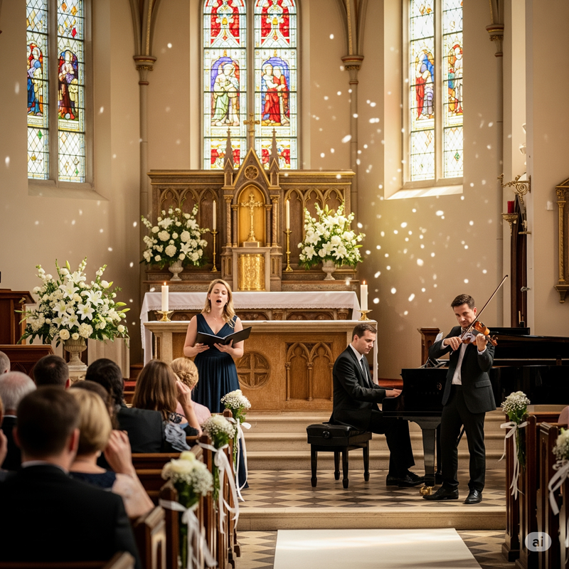 Música para boda religiosa en Extremadura con piano, violín y soprano.